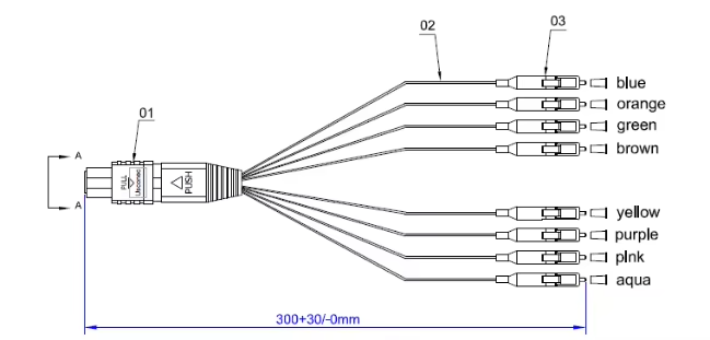 8 Cores MTP(Male) - LC Fanout 0.9mm 30cm Fiber Optic Patch Cable  Trunk Cable